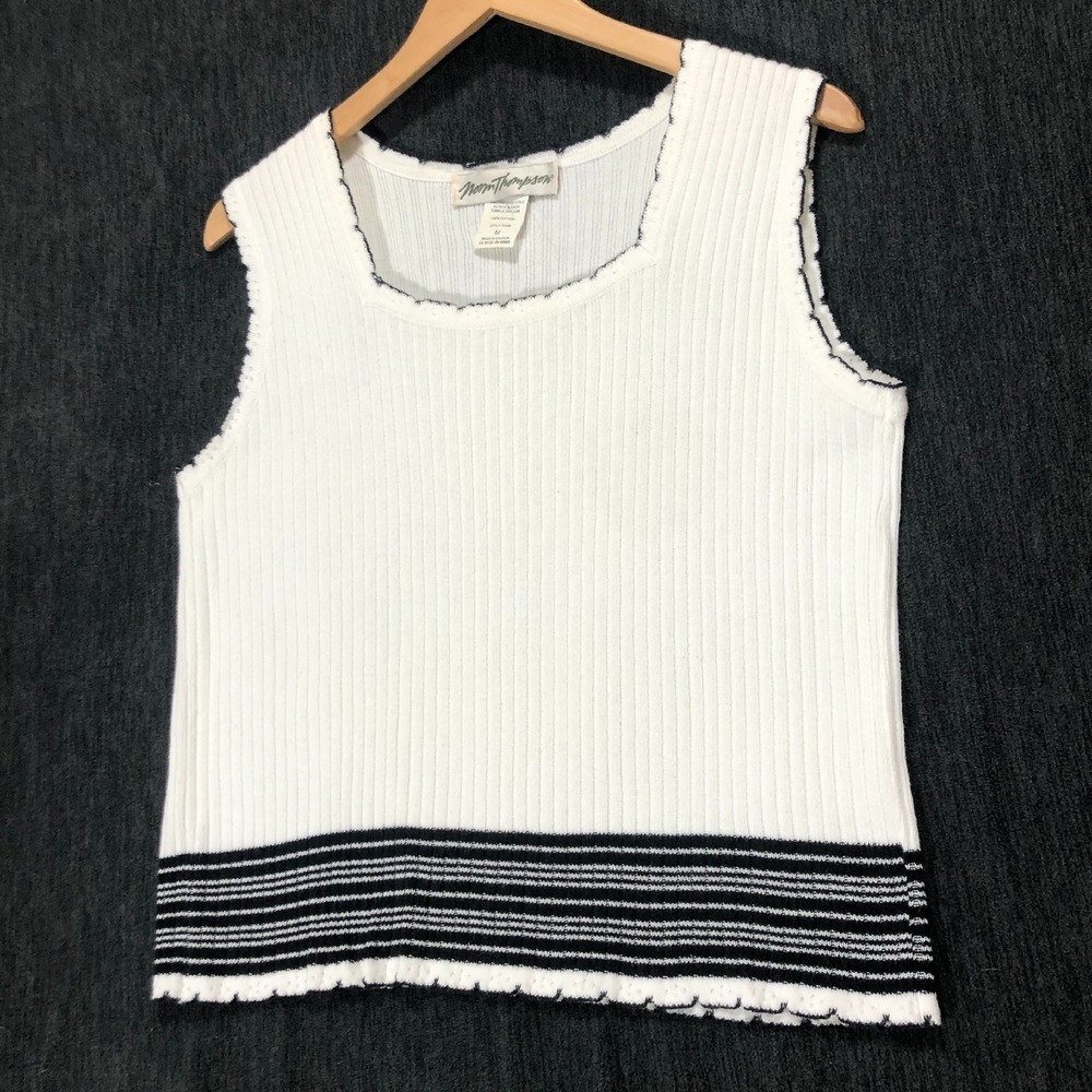 Norm Thompson Ribbed Tank‎ Top Sleeveless Fringe Trim White Black Size M